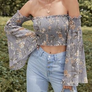 Shein off the shoulder shirred long sleeve crop top